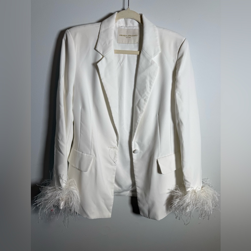 Amanda Uprichard Herald Feather Blazer Bridal Jacket Feather Cuff Party NWOT M - Picture 2 of 7